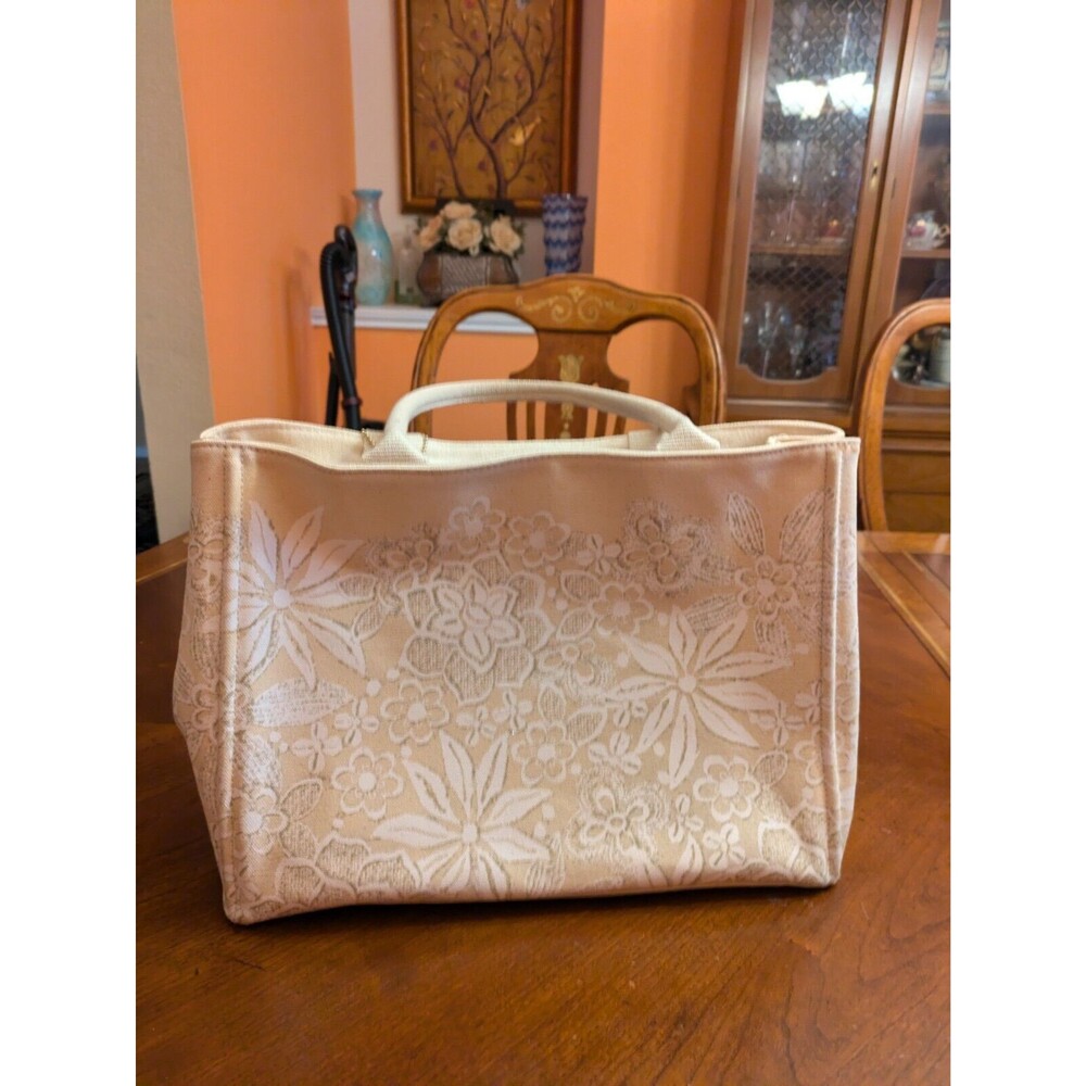 Oscar De La Renta Beige Canvas Floral Print Tote Bag 13"X10"X7"